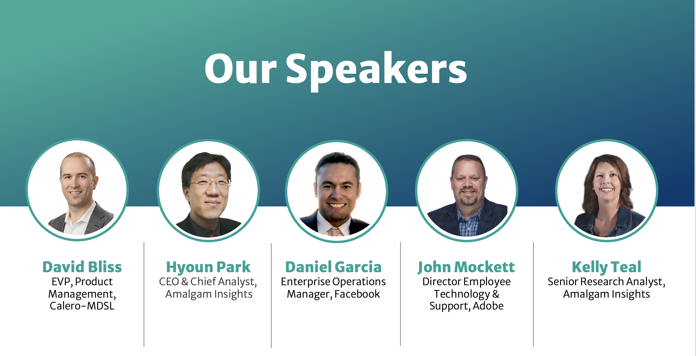Headshot photos of webinar speakers: Hyoun Park, Daniel Garcia, John Mockett, David Bliss